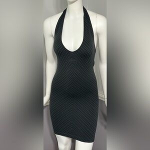 iets frans Mini Halter V Neck Bodycon Dress Black Line Design Logo‎ Size M